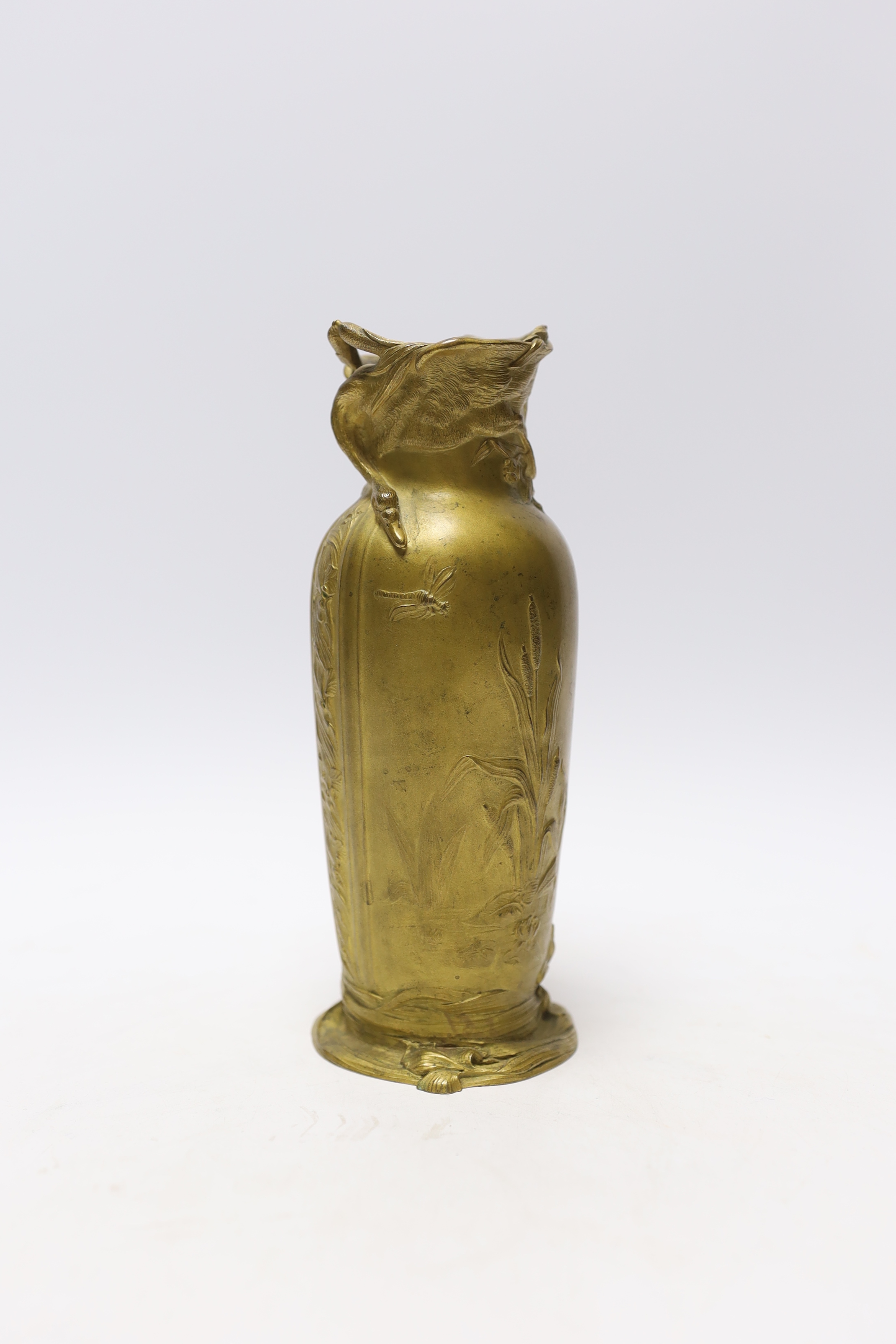 An Art Nouveau bronze vase by Louchet, Paris, decorated with bull rushes in a pond, with inner tin liner, 19.5cm high